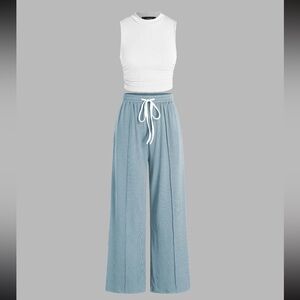 RUCHED TANK CROP TOP & ELASTIC WAIST KNOTTED TROUSERS SET